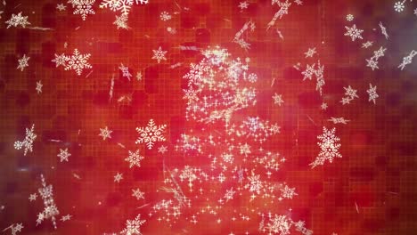 animation of snow falling over christmas tree on red background