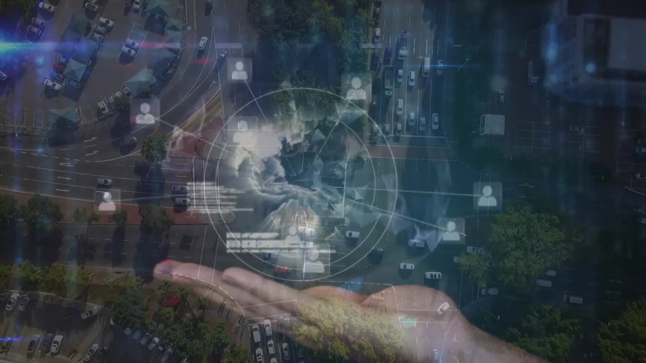 Animation of data processing, with hand holding digital globe with network of connections