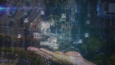 animación del procesamiento de datos, con globo digital en mano con red de conexiones