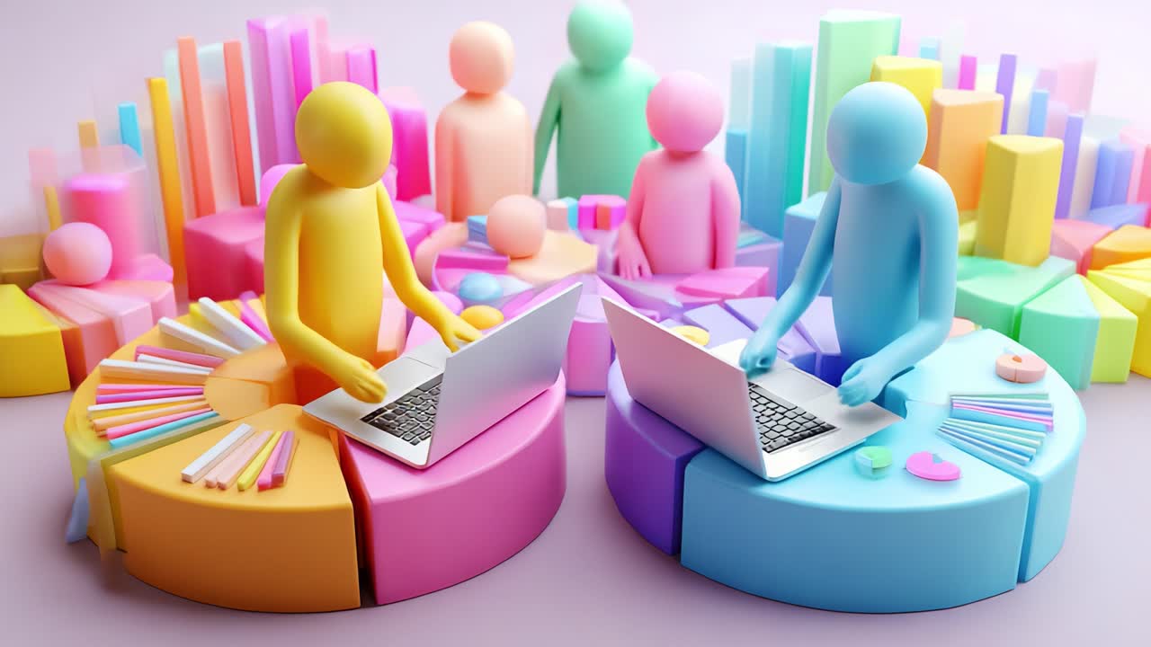 Collaborative Data Analysis: Colorful Figures Engaged in Digital Workstations with Laptops Amidst Vibrant Graphs and Charts, Representing Modern Teamwork and Analytics