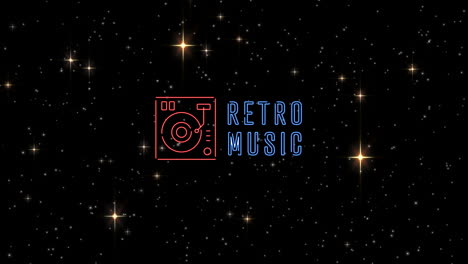 animation of retro music with vinyl record player icon over shining stars against black background