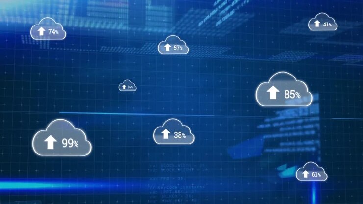 Animation of cloud icons and data processing over dark background