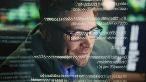 happy specialist creating code at data hologram closeup. smiling man programming