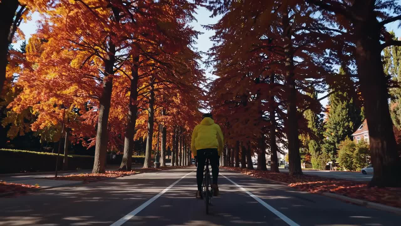 A video captures a cyclist in a yellow jacket riding through a tree-lined avenue in autumn