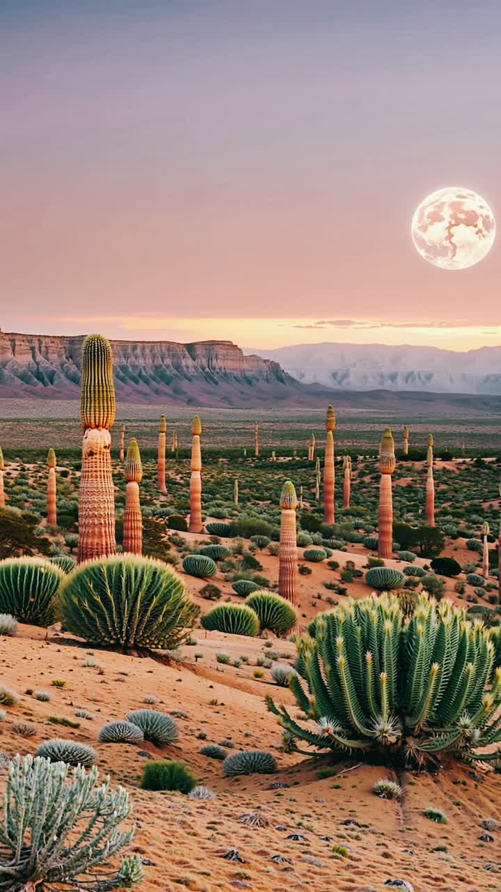 Desert Landscape with Cacti and Full Moon