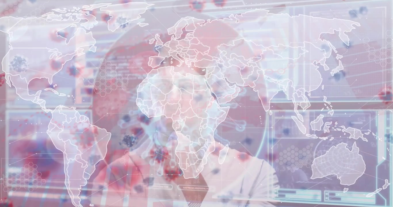 Animazione di elaborazione dati e un uomo caucasico su una mappa del mondo