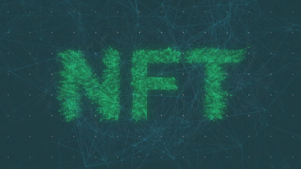 Animazione di NFT e connessioni su sfondo blu scuro