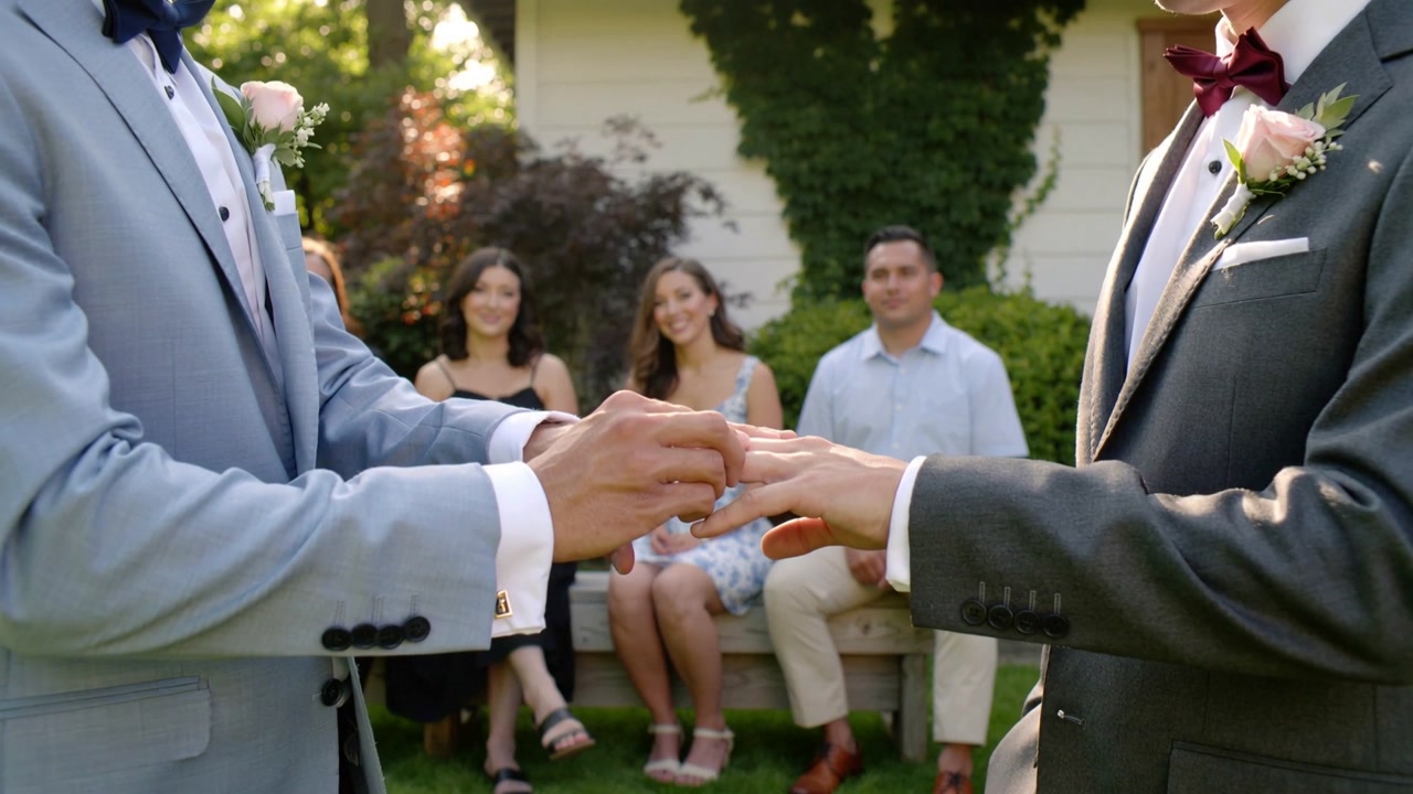 Offering ring, man in light suit sliding band onto partner's finger at yard ceremony, pale roses