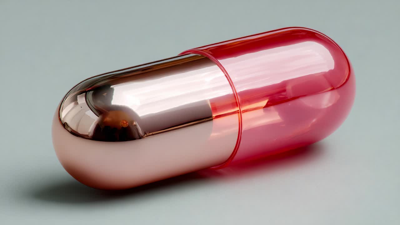 A striking close-up sequence featuring a beautifully designed capsule with a glossy red and metallic rose gold finish, showcasing its contemporary aesthetic and smooth contours within a minimalist setting