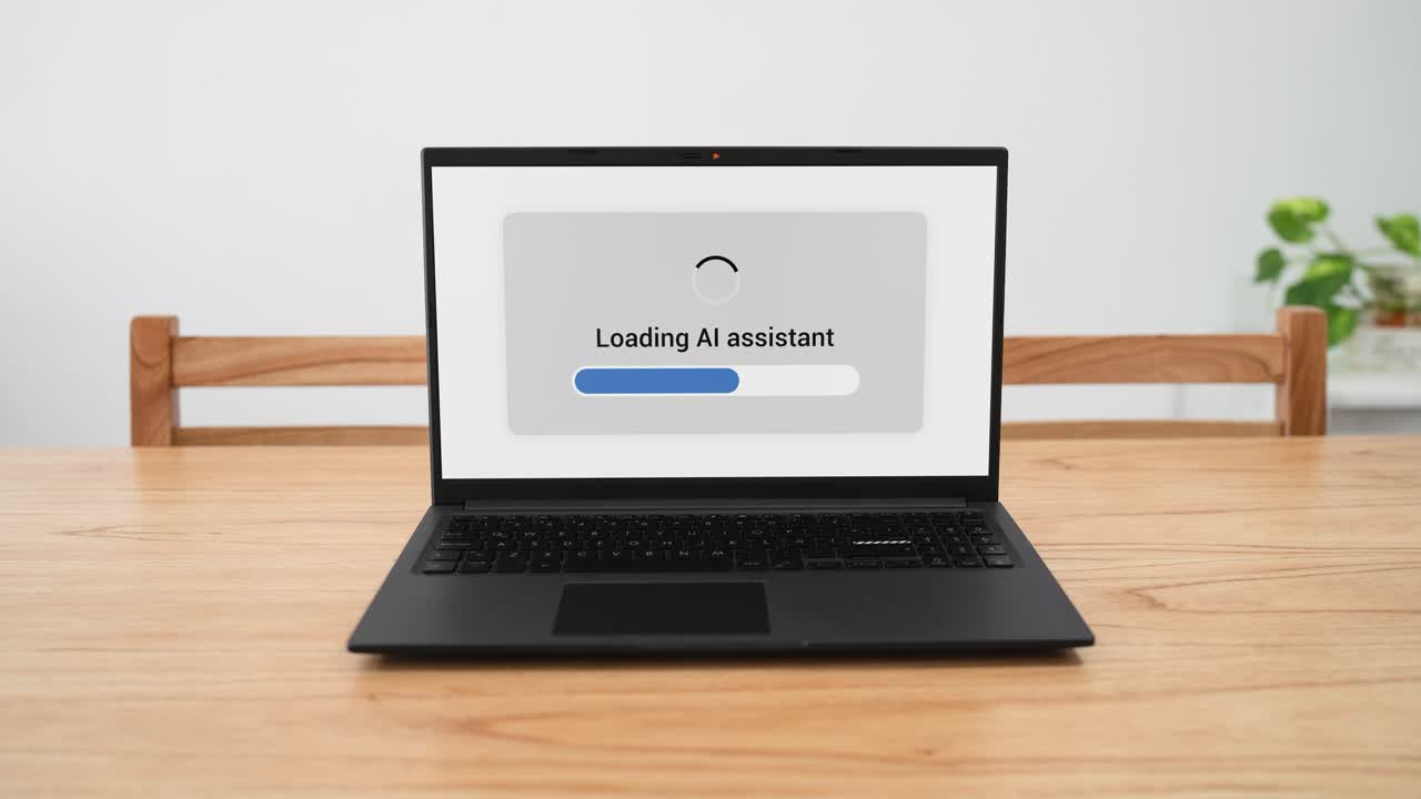 Loading AI assistant on your laptop to help you on your work. Concept of artificial intelligence agent.