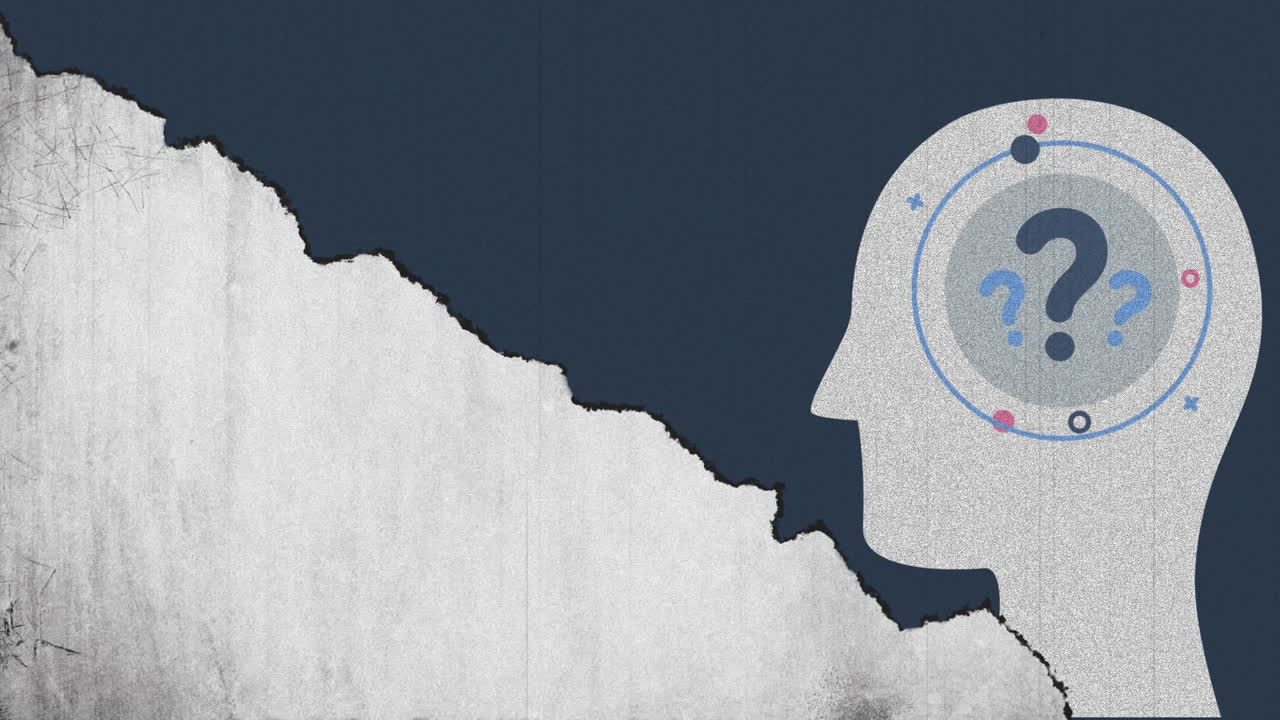 검은색 바탕에 질문표가 있는 머리 위의 간섭의 애니메이션