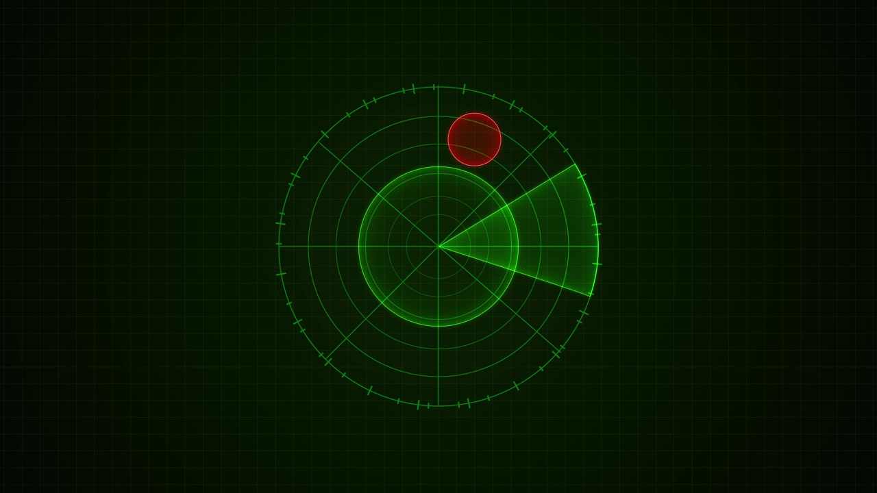 Interfaccia scanner radar verde con griglia di mira circolare, raggio di scansione a spazzata e display tattico scuro
