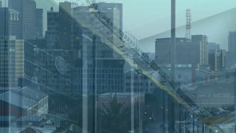 animation of tech room with computer servers and cityscape