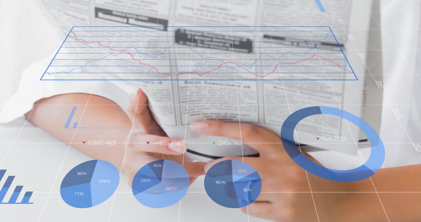 Animation of data processing over caucasian woman with newspaper