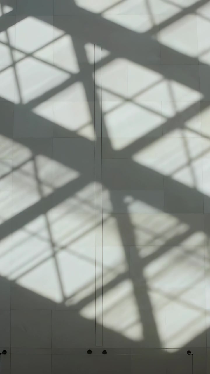 Vertical video: Shifting skylight shadow across panel wall in atrium, crossing cables as sun moving