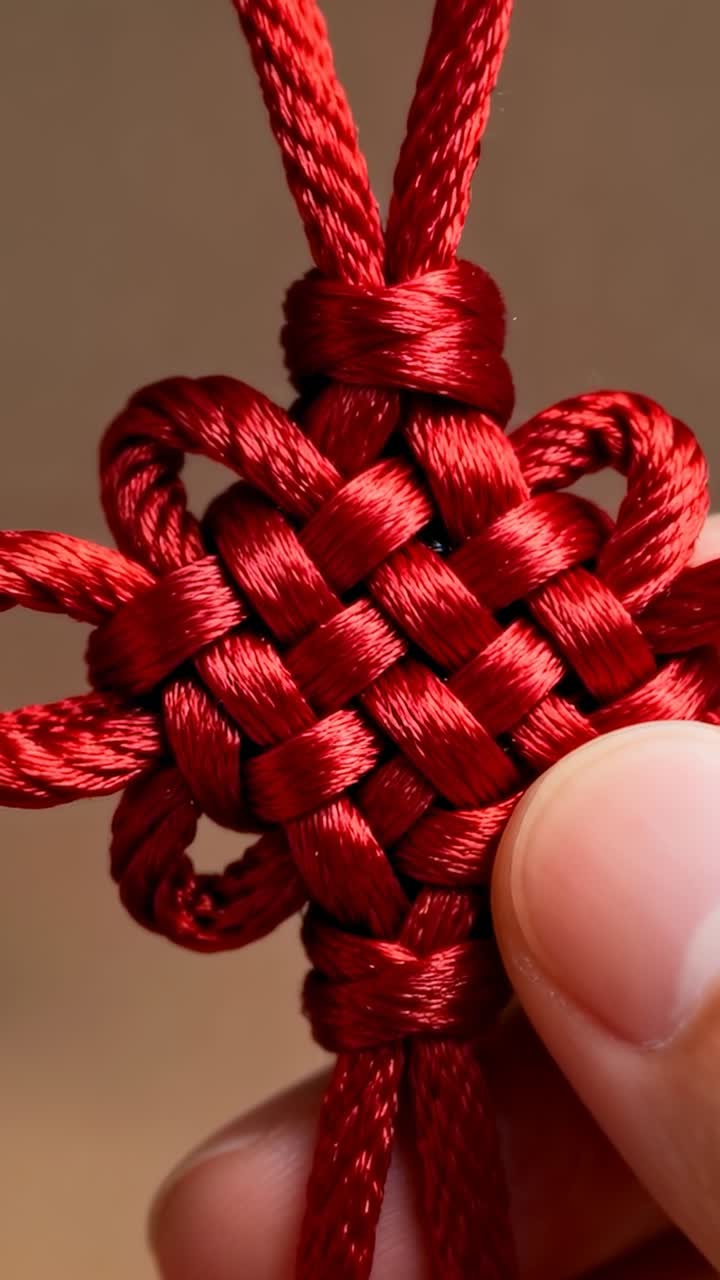 Video verticale: pollice che tocca il nodo, mano che liscia il nodo rosso sul tavolo, sistemando le code a doppio anello