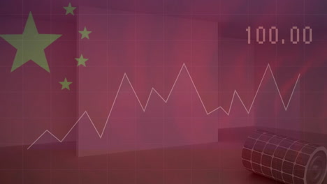 animation of financial data processing and flag of china over solar panels