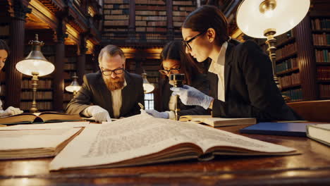 team of scholars researching historical documents in a grand library