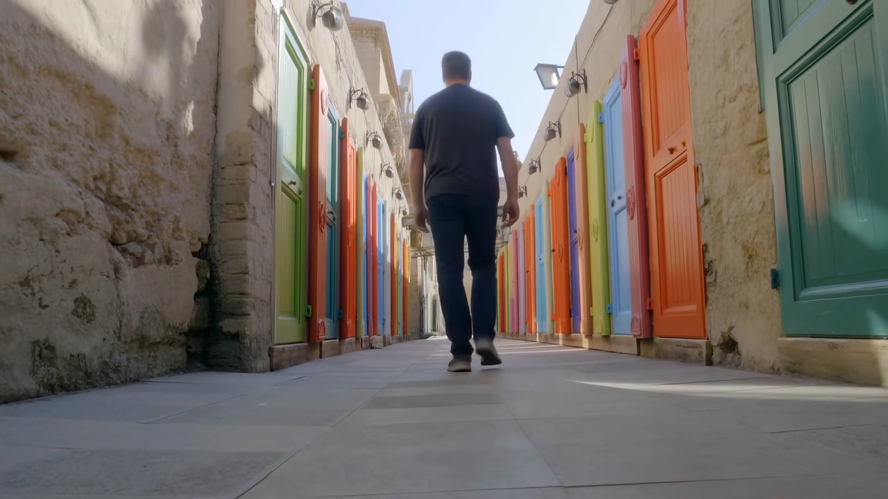 Una vista posteriore mostra un uomo vestito in modo casual che si allontana lungo un corridoio pavimentato tra pareti di pietra grezza e file di porte colorate, con lampade a parete, luce solare intensa e profondità centrata.
