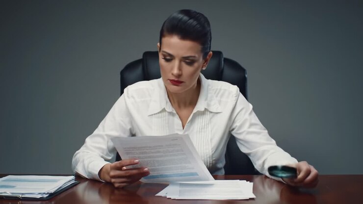 Professionista concentrato che esamina documenti importanti e prende appunti in un ambiente d'ufficio serio