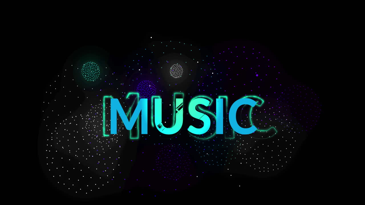 Animation of music text over shapes and fireworks on black backrgound
