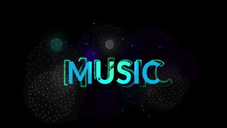 animation of music text over shapes and fireworks on black backrgound