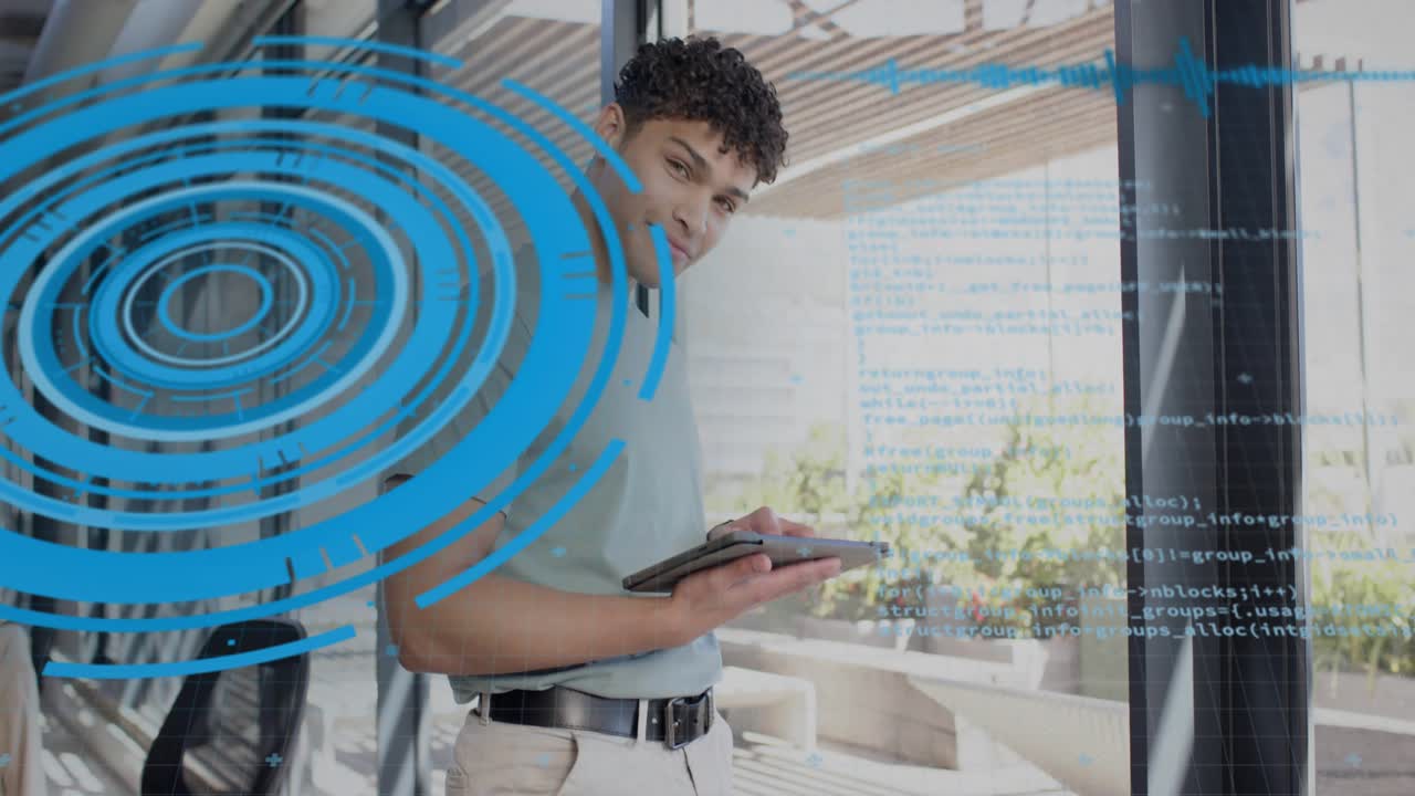 Man tapping tablet, starting blue ring and code overlay obscuring him while checking patio for tech