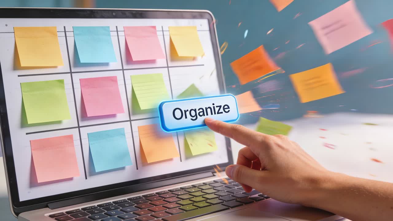 Tapping right hand activating Organize button on laptop screen at desk, organizing sticky notes out