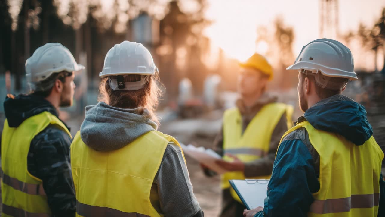 Construction Team Engaging in Safety Briefing at Sunset While Wearing Protective Gear on a Job Site