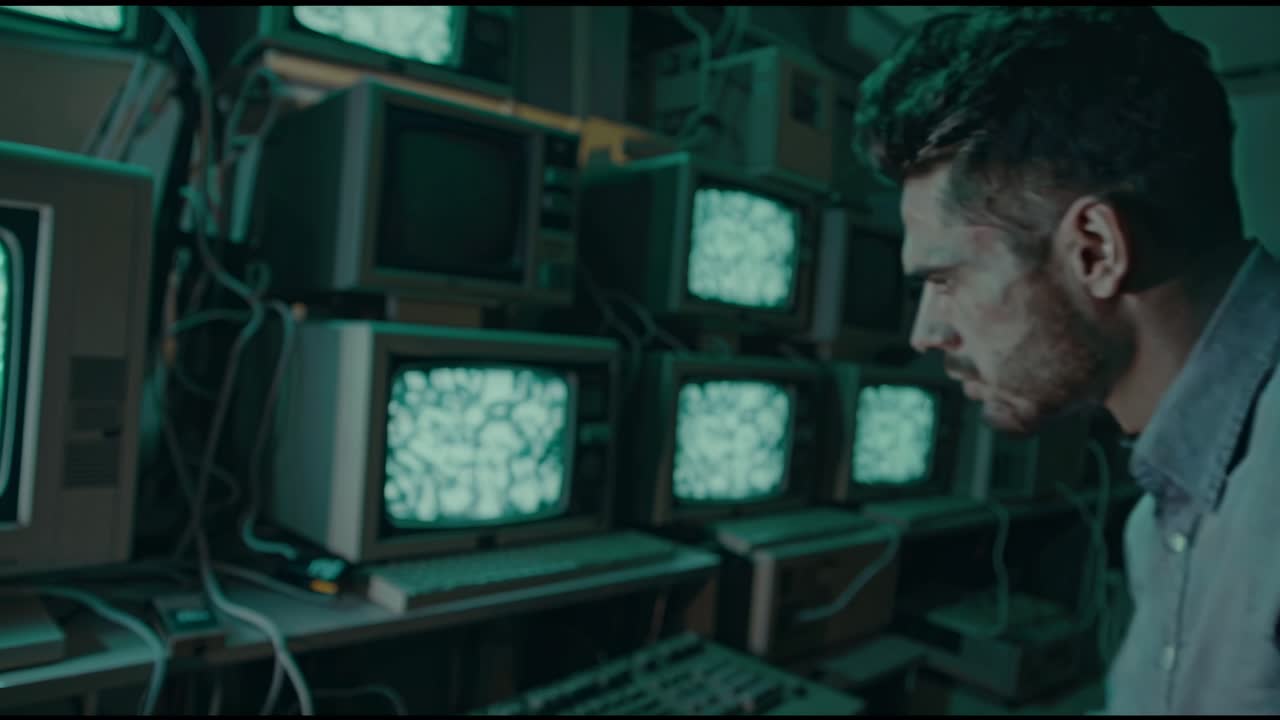 Focused Programmer in Retro Computer Room