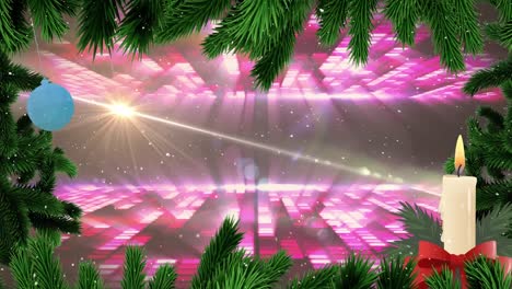 Animation-of-snow-falling-over-christmas-tree-with-decorations-and-candle