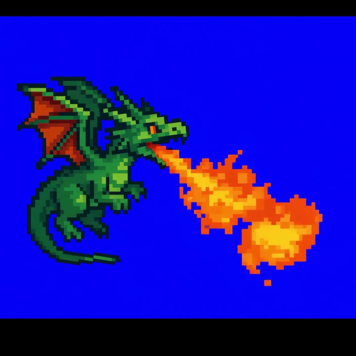 Drago verde animato in pixel art che sputa fuoco su schermo blu