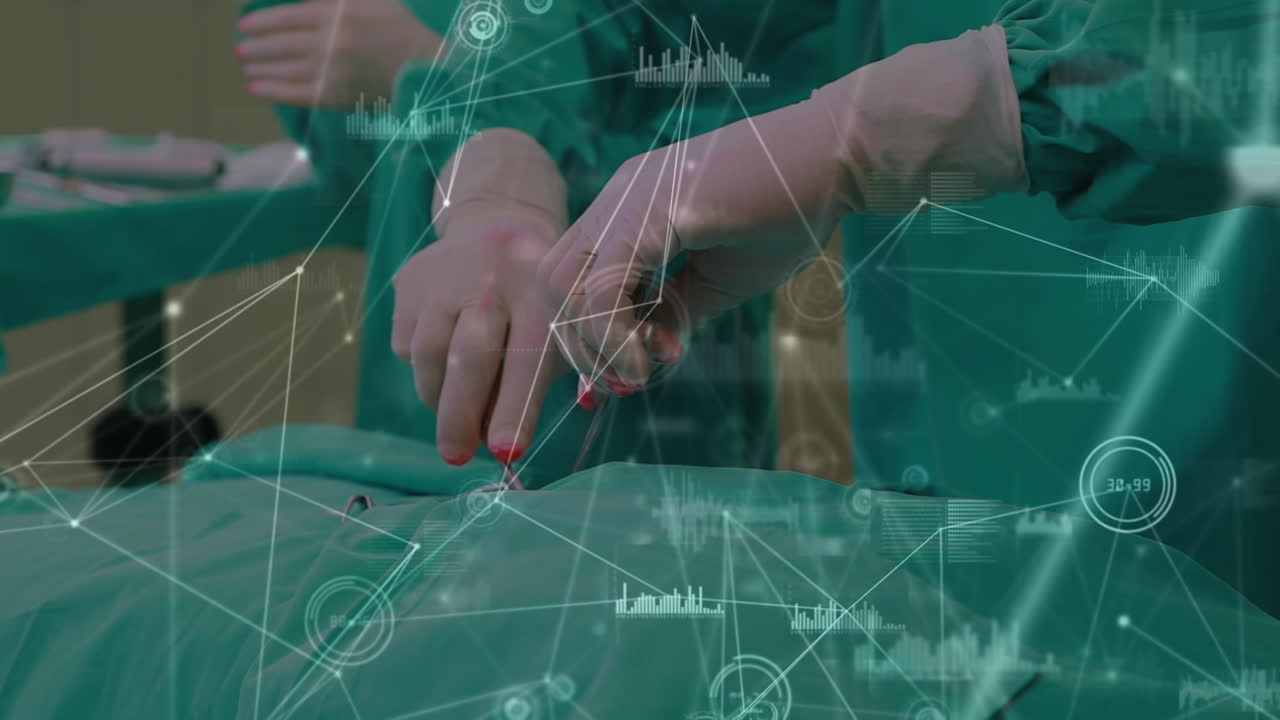 병원에서 수술을 하는 외과 의사 팀을 통한 연결 네트워크의 활성화