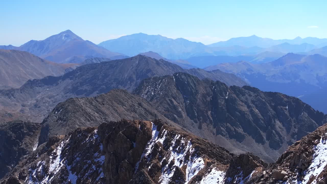 Glacier snow Huron Peak summit 14er Collegiate Peaks rugged Rocky Mountains layers Colorado drone aerial hike summer fall autumn Three Apostles La Plata Buena Vista sunny blue sky forward motion
