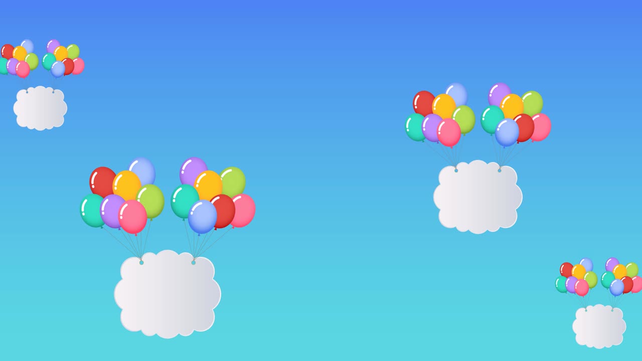 파란색 배경에 날아다니는 구름과 복사 공간을 가진 다채로운 풍선의 애니메이션