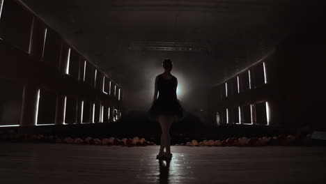 Elegant-ballet-dancer-in-black-tutu-in-studio-with-smoke.-And-backlit