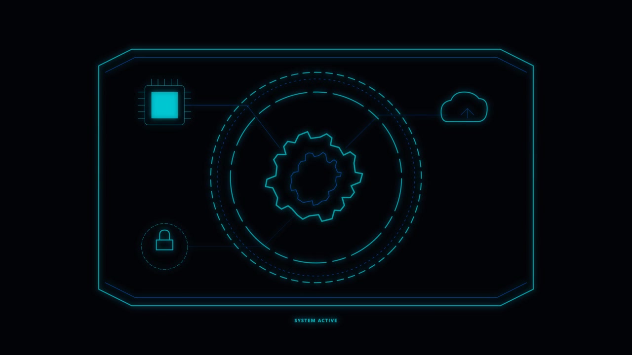 Digital HUD-grænseflade med roterende tandhjul og systemikoner