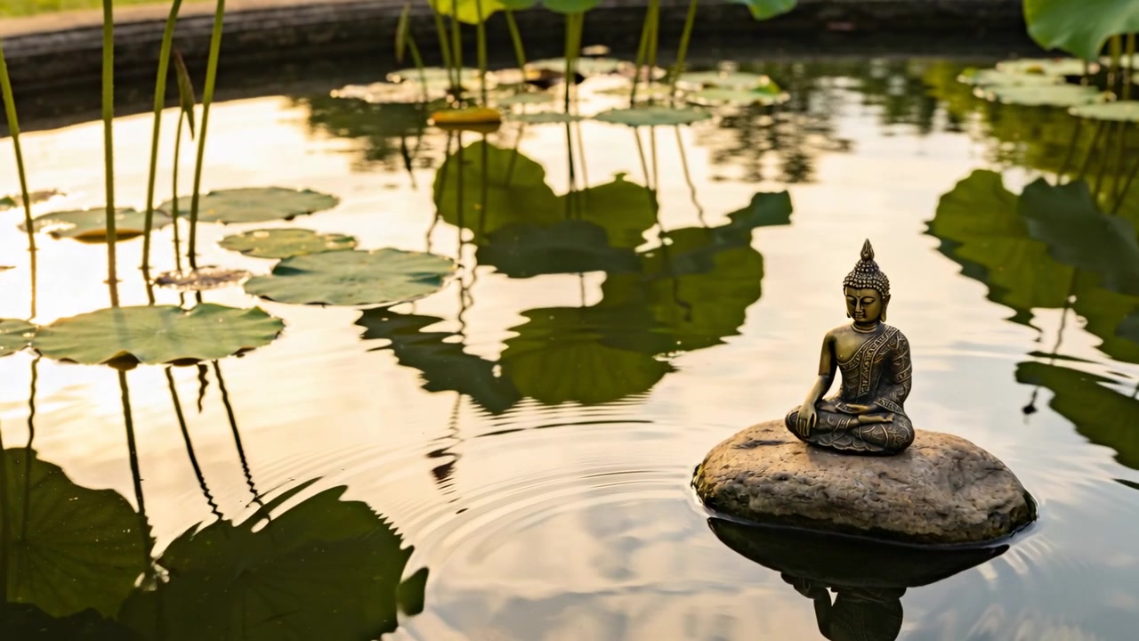 Partendo dalle increspature della roccia che si diffondono attraverso lo stagno, deformando le foglie di loto e il riflesso del Buddha, con spazio per il testo