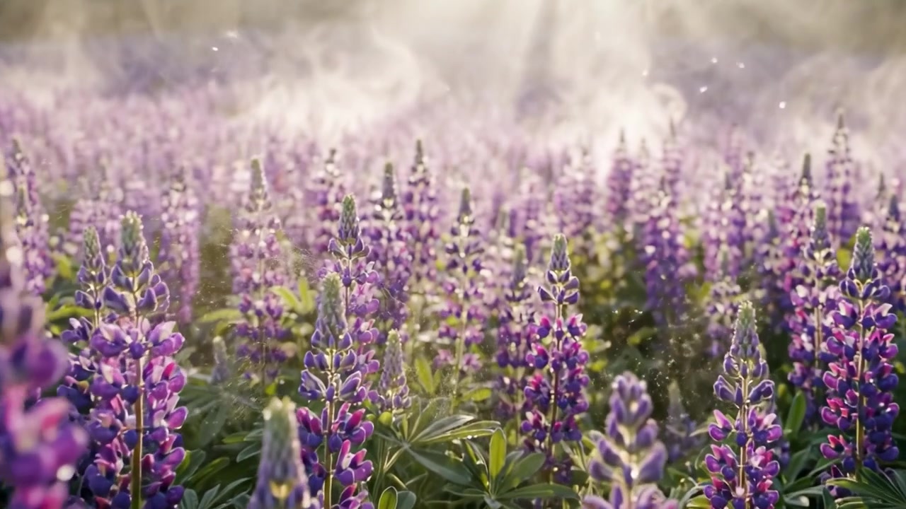Una vista mozzafiato di lupini in fiore baciati dalla dolce luce del mattino, creando un'atmosfera serena e onirica in mezzo a un vibrante paesaggio floreale.