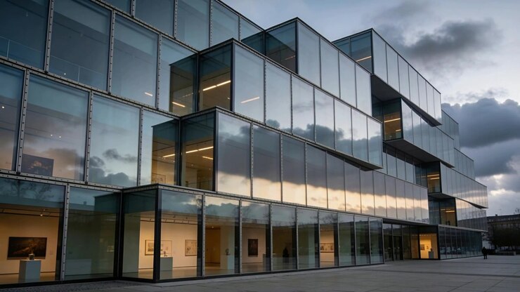 Avançando a câmera, enquadrando galeria de vidro empilhado na praça, mostrando o céu espelhado e o interior iluminado
