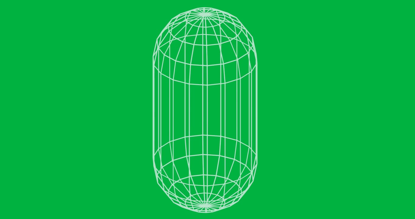 Capsula 3D che ruota su sfondo trasparente, mostrando un wireframe verde neon per la tecnologia.