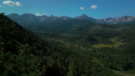 Colorado-scenic-summer-San-Juans-Rocky-Mountains-cinematic-windy-grass-Ridgway-Ralph-Lauren-Ranch-Mount-Sniffels-Dallas-Range-14er-Million-Dollar-Highway-view-morning-blue-sky-pan-right-slow-movement