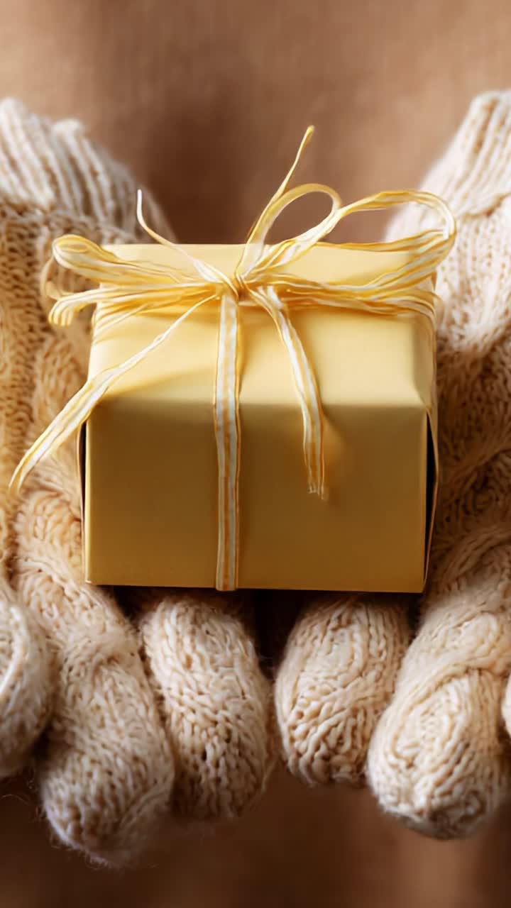 A Warm Gesture of Generosity: A Close-Up of Hands Holding a Beautifully Wrapped Yellow Gift Box with a Delicate Ribbon, Ideal for Celebrating Special Occasions and Spreading Joy to Loved Ones