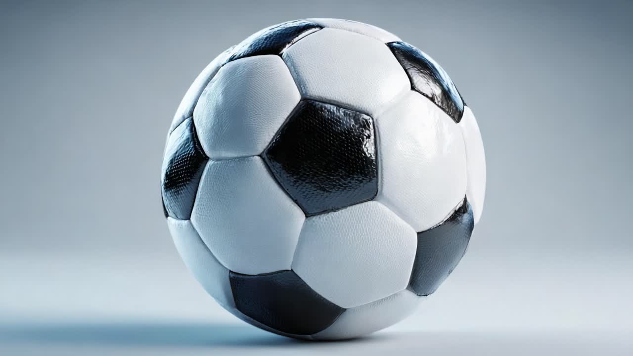 Dynamische Visualisierung eines klassischen Fußballs: Eine Nahaufnahme-Reise durch das ikonische Schwarz-Weiß-Design, das von einem Winkel zum anderen wechselt.