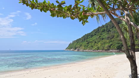 empty white sand laguna beach with a mountain on background, tree branches in the foreground, vacation template, copy space minimalistic