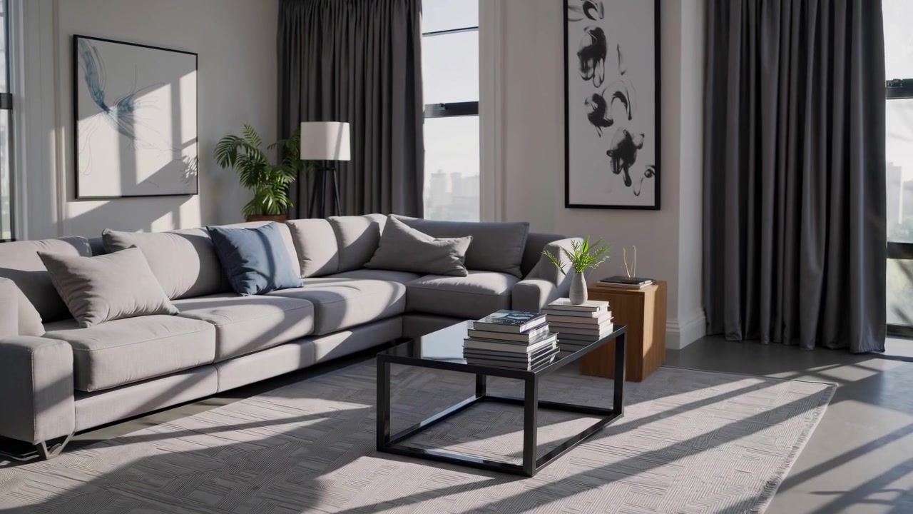Interno di soggiorno moderno con luce solare e arredamento minimalista