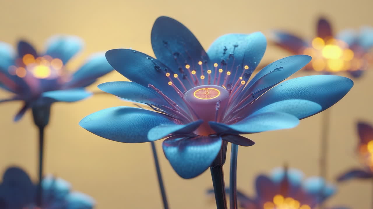 Close-up of Futuristic Glowing Blue and Purple Flowers