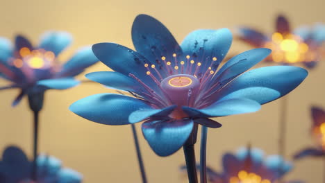 close-up of futuristic glowing blue and purple flowers