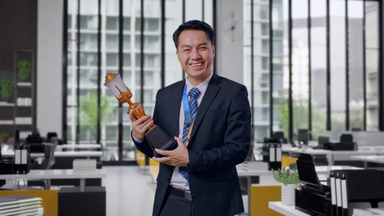 Asian Business Man In A Suit And Tie With A Gold Medal Looking At A Gold Trophy In His Hands And Smiling To Camera As The First Winner In Office