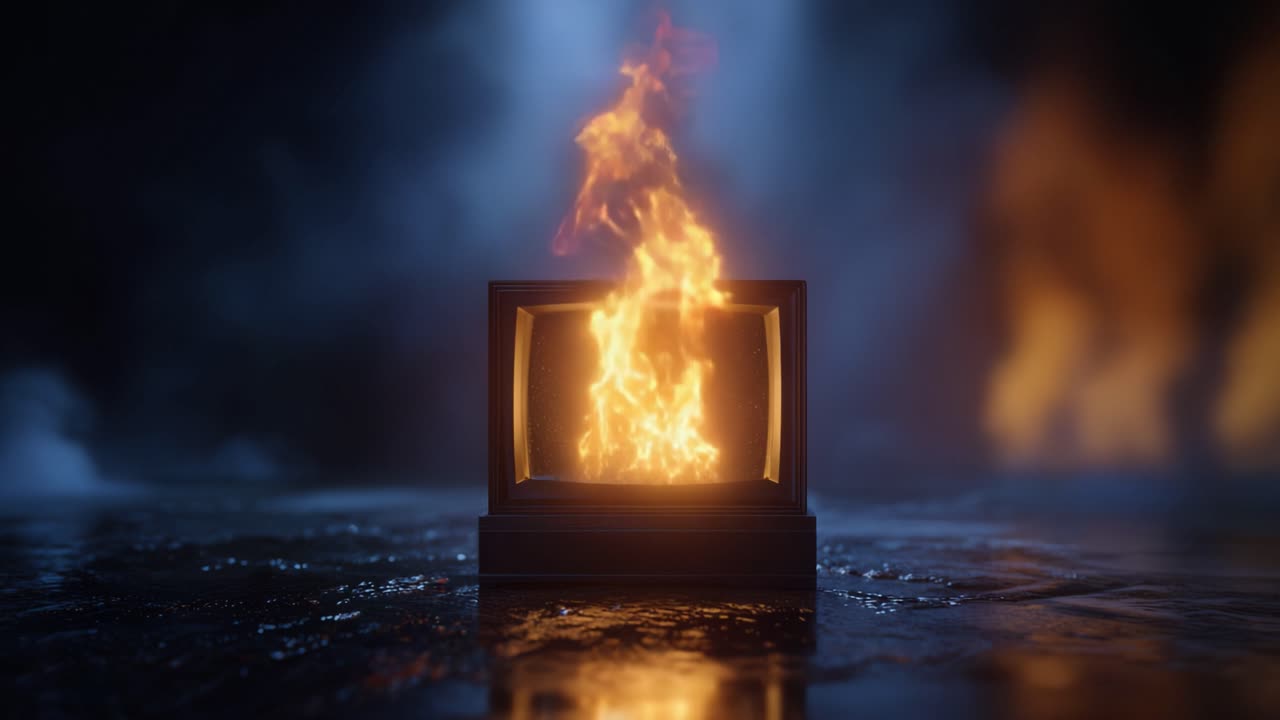 Enigmatiske flammer bryder ud fra et vintage fjernsyn, der oplyser den mørke atmosfære med fængslende skær af ild og røg, og skaber en mystisk visuel oplevelse